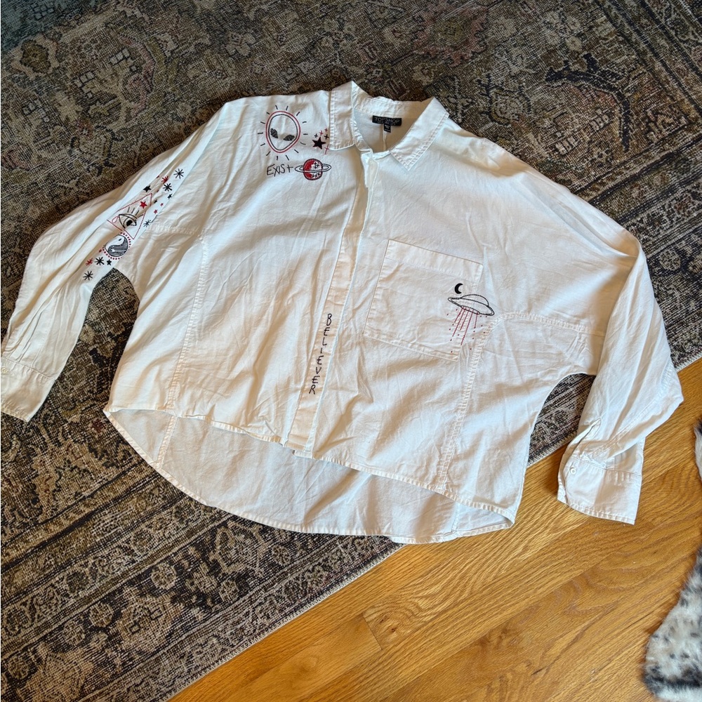 Top shop white button down with embroidered stitch detailing